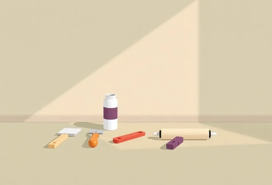 Outils de peinture disposés dans l'ordre des étapes du chantier