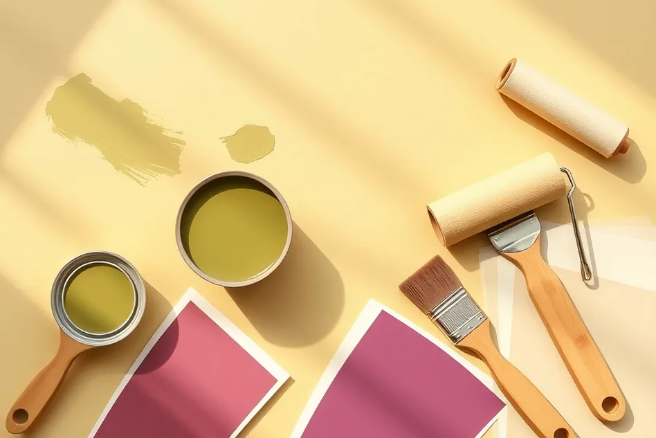Pots de peinture, nuancier, brosses et rouleaux disposés à plat