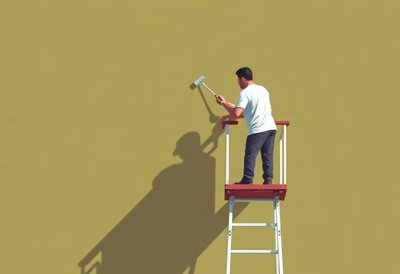 Peintre sur échafaudage traitant la façade d'une maison