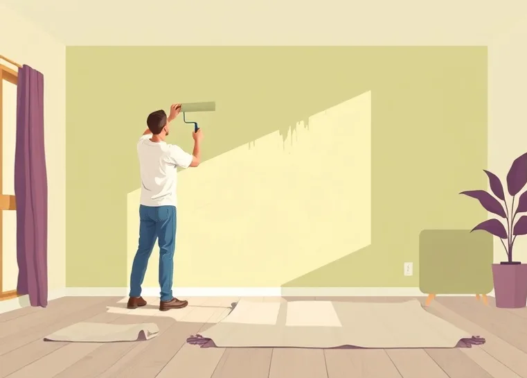Peintre appliquant la peinture au rouleau sur un mur de salon
